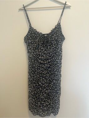 H&M Divided Floral Ruched Mini Dress Black Blue Ditsy Mesh Bodycon Tie Front M